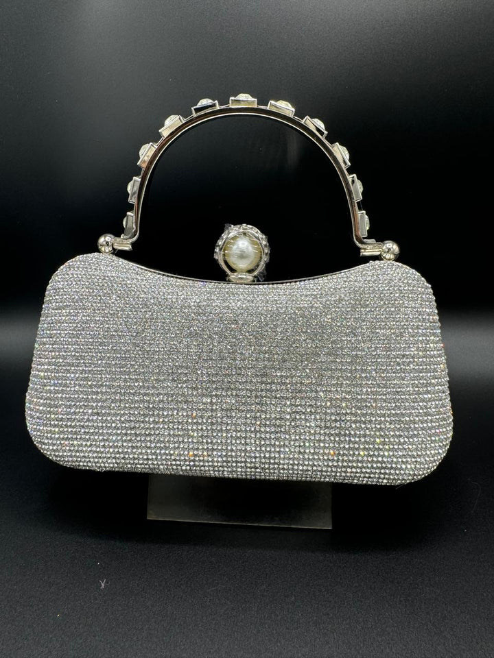 Crystal-Embellished Evening Clutch with Pearl Accent Handle**