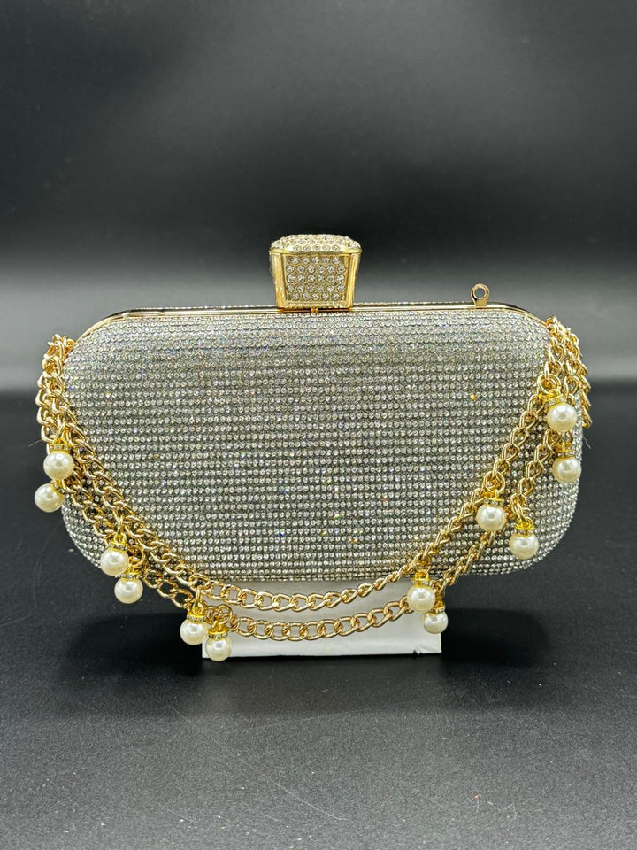 Gold and Silver Evening Clutches with Pearl and Chain Accents