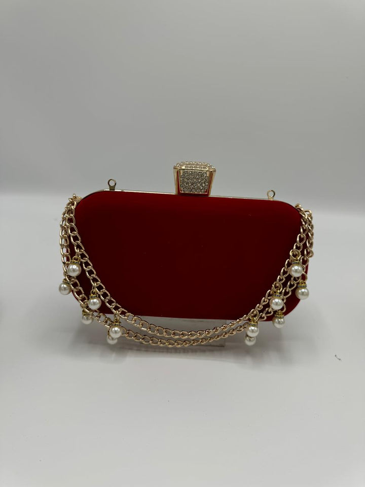 Velvet Evening Clutch with Pearl and Chain Embellishments**